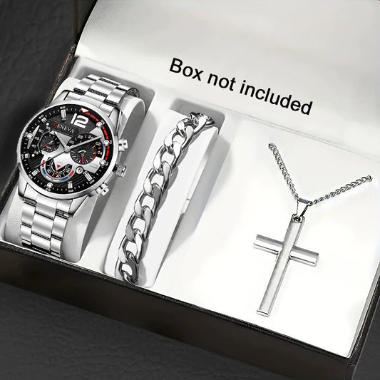 Men's Bracelet Cross Necklace And Watch Set