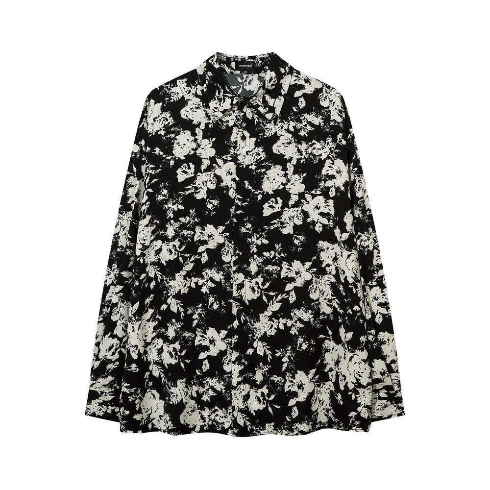 Men's Autumn Casual Loose Pu Shuai Street Lapel Niche Flower Shirt
