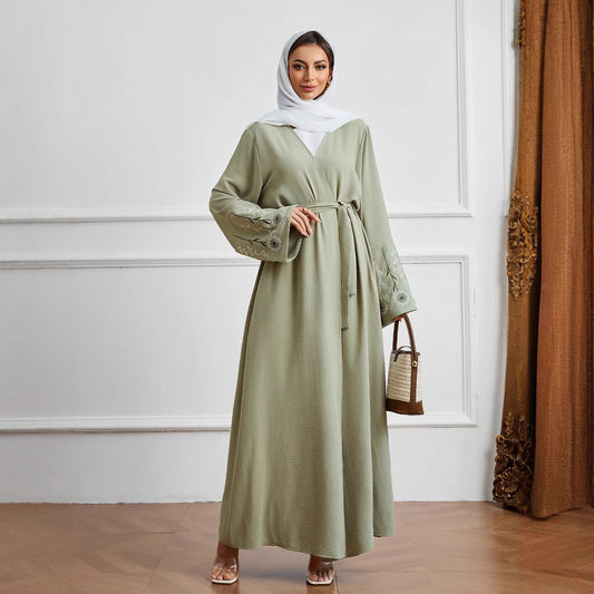 Fashionable Elegant Cardigan Belt Embroidered Dress Robe