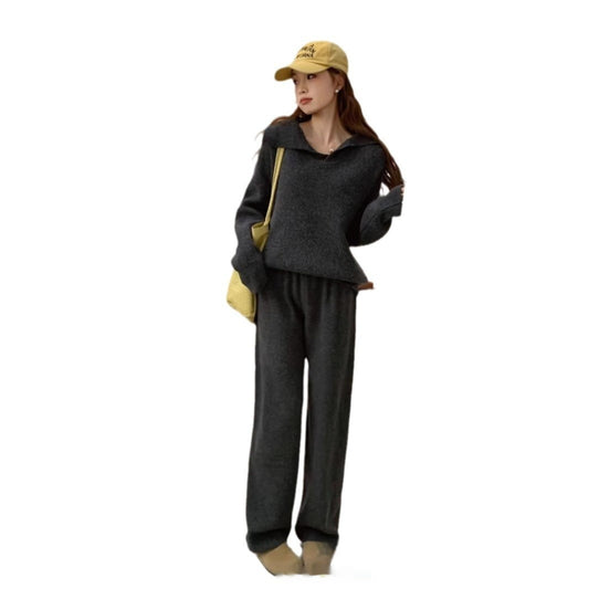 Women's High-grade Lapel Sweater Wide-leg Pants Suit