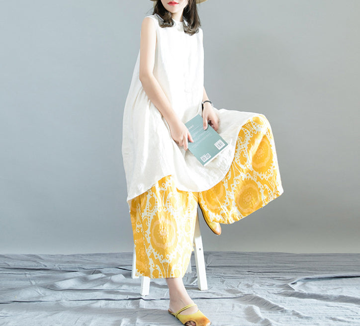 Womens Relaxed-fit Linen Wide-leg Capri Pants