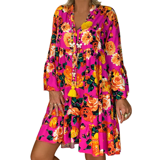 Printed Pointed Collar Button Ruffled Loose Dress