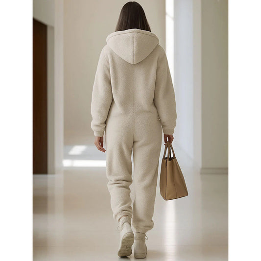 Hætteklædt Lommekant Løs Lige Plys Jumpsuit