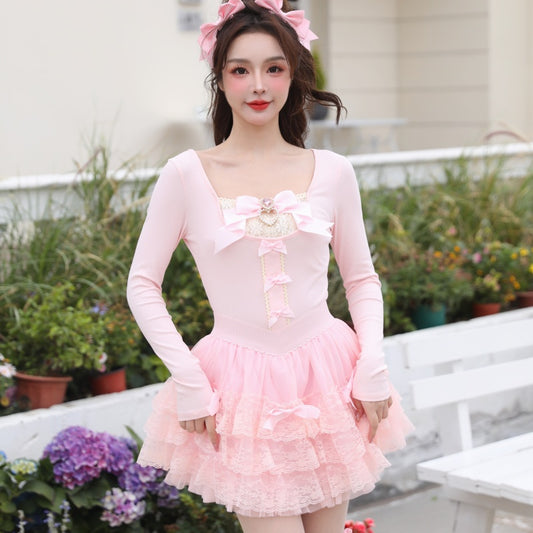 Elegant ballet-stil prinsesse sløjfe perle hjerte slankende kort top