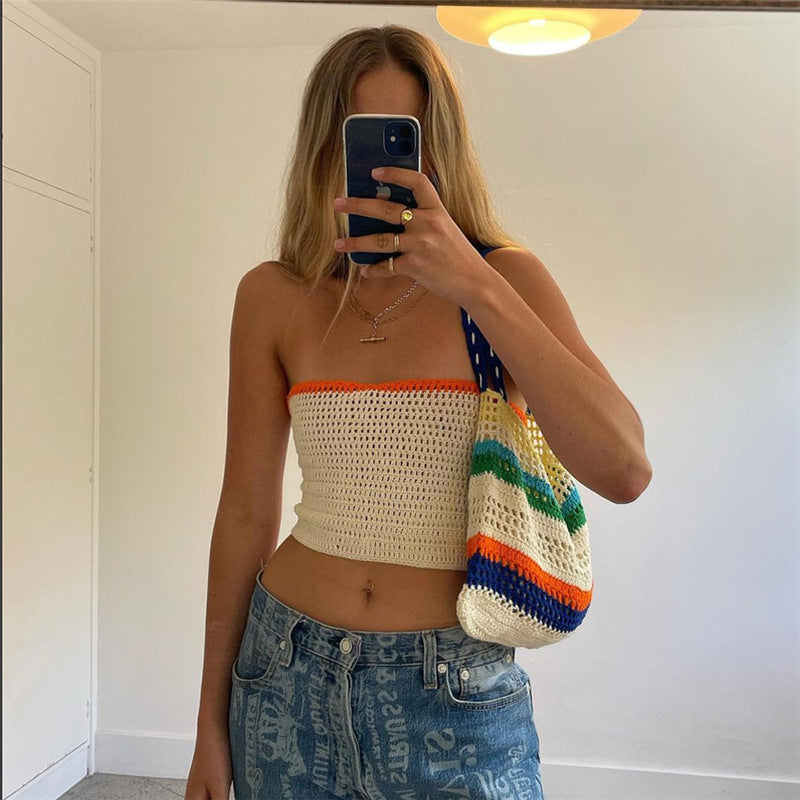 Contrast Color Cropped Navel Knit Tie Bandeau Tank Top