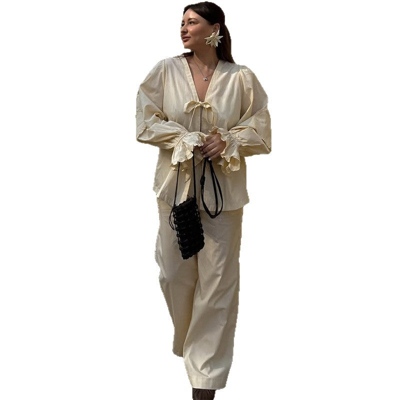 Women's Casual Shirt And Wide-Leg Pants Set
