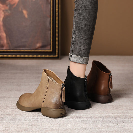 Genuine Leather Retro Western Style Short Boots Women's Autumn Back Zipper