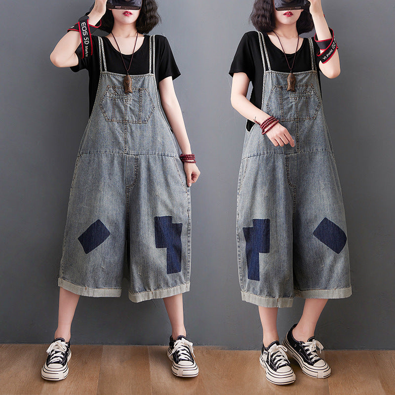 Loose Casual Denim Wide Foot Bib Pants