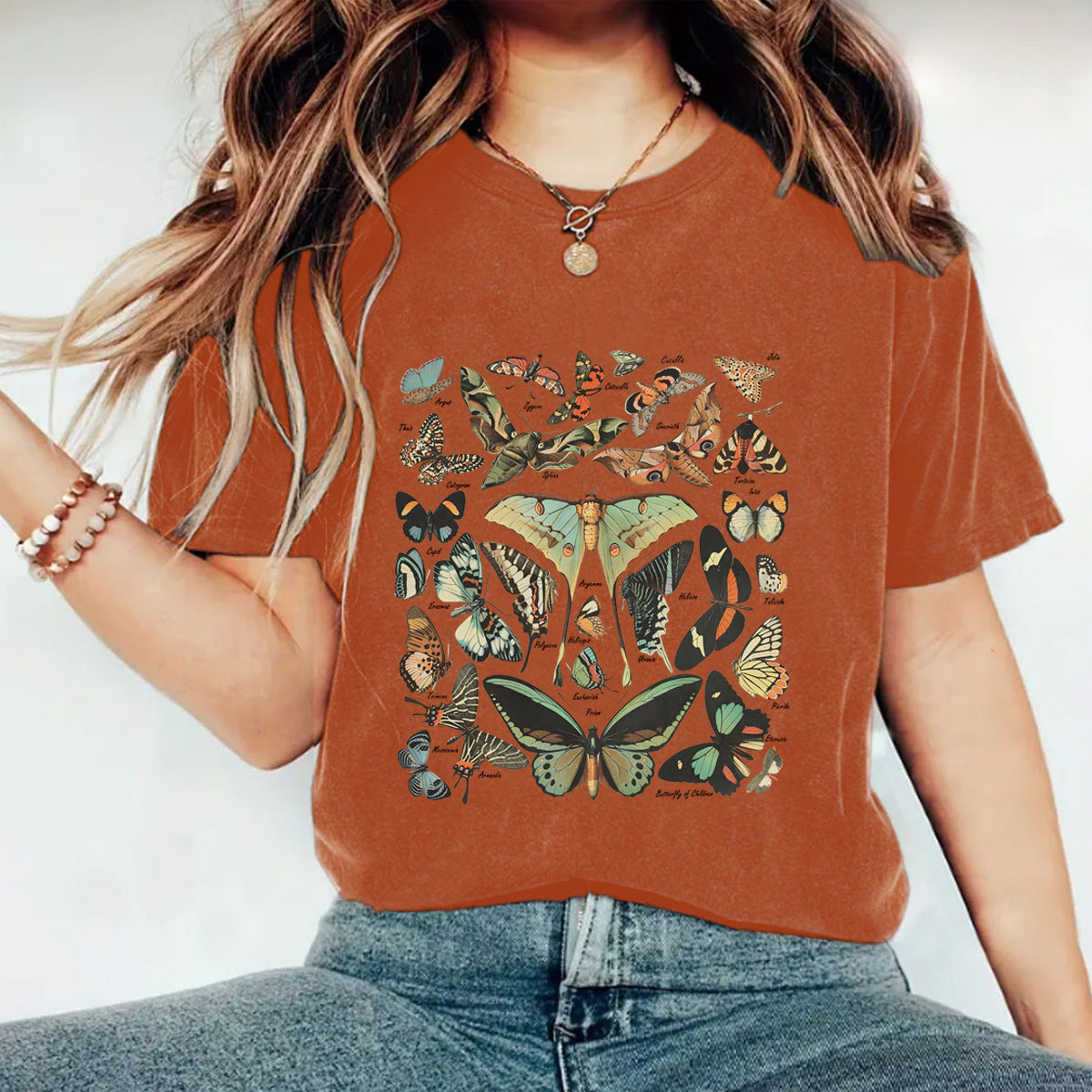 Womens Short-sleeve Crew-neck Top With A Butterfly Print