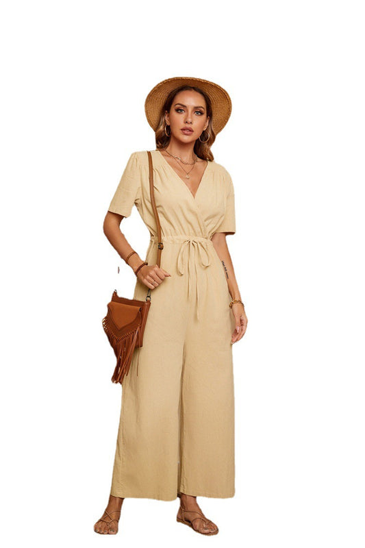 Women's Thickened Linen Cotton Short-sleeved V-neck Drawstring Pocket Jumpsuit