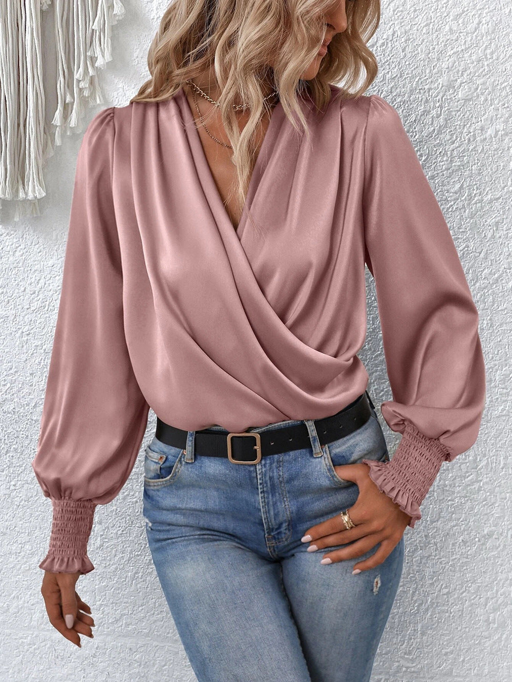 V-neck Pleated Lantern-sleeve Solid-color Blouse For Womenelegant And Professional