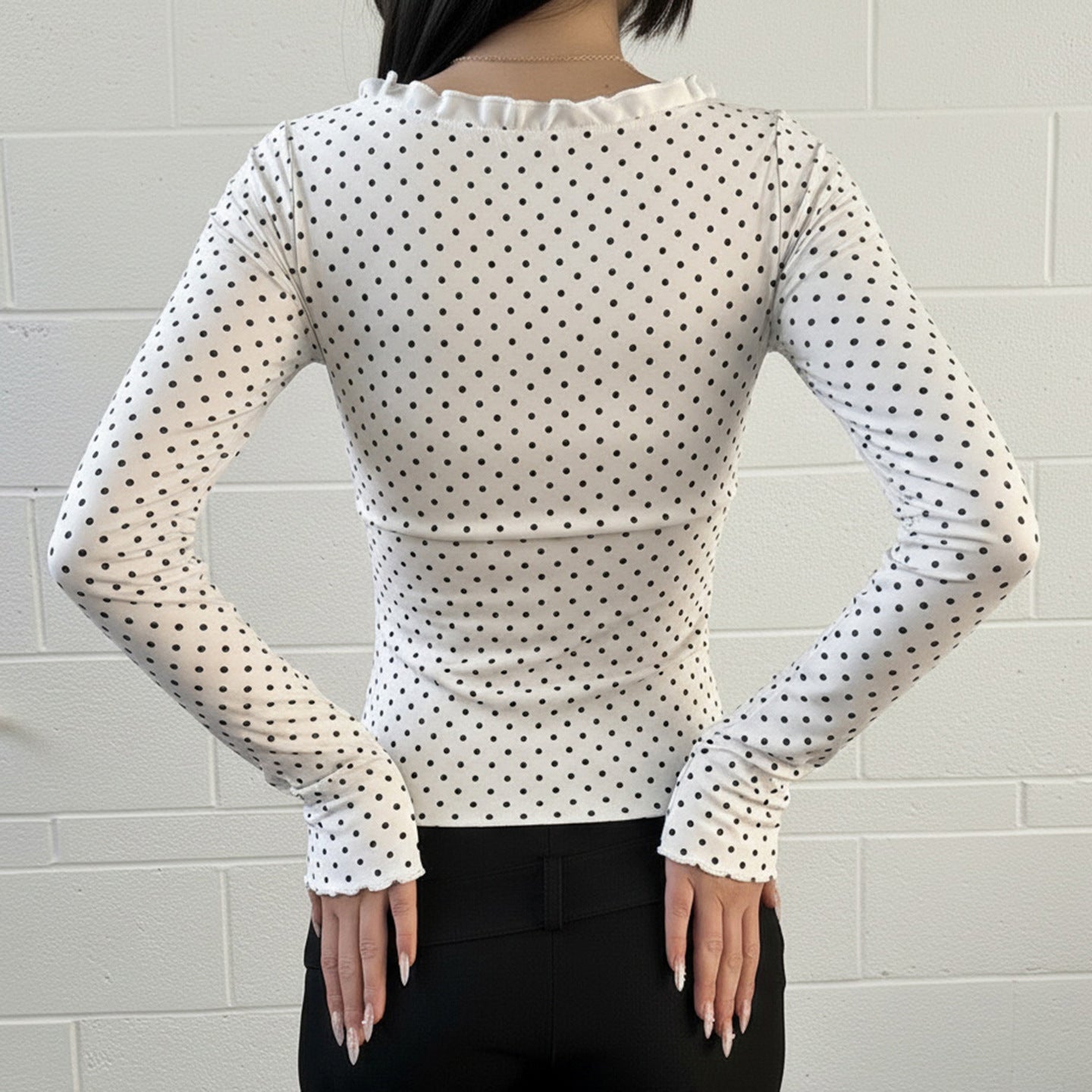Womens New Arrival Ruffle-Trimmed Polka-Dot Long-Sleeve T-Shirt