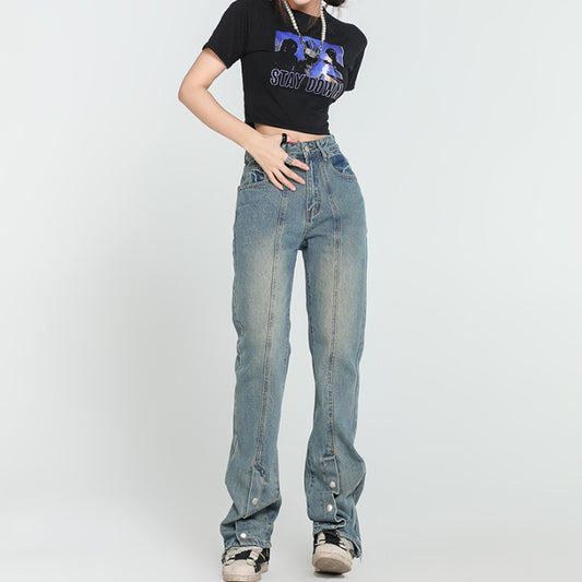 Buckle Straight Personality Foot Mouth Slimming Jeans