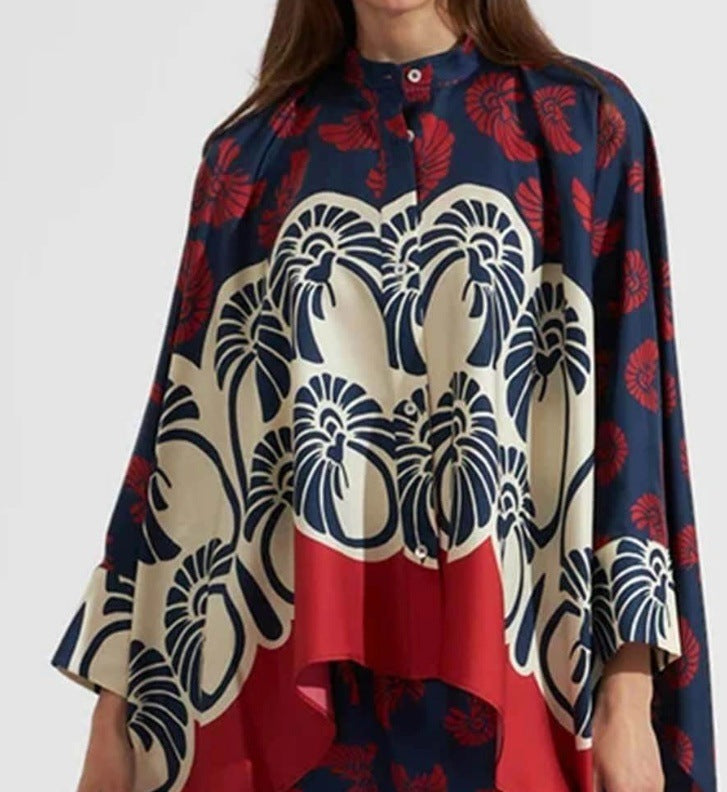 Printed Patchwork Peplum Shirt And Wide-Leg Pants Set