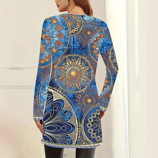 Women's Mid-length Printed Collarless Long Sleeve