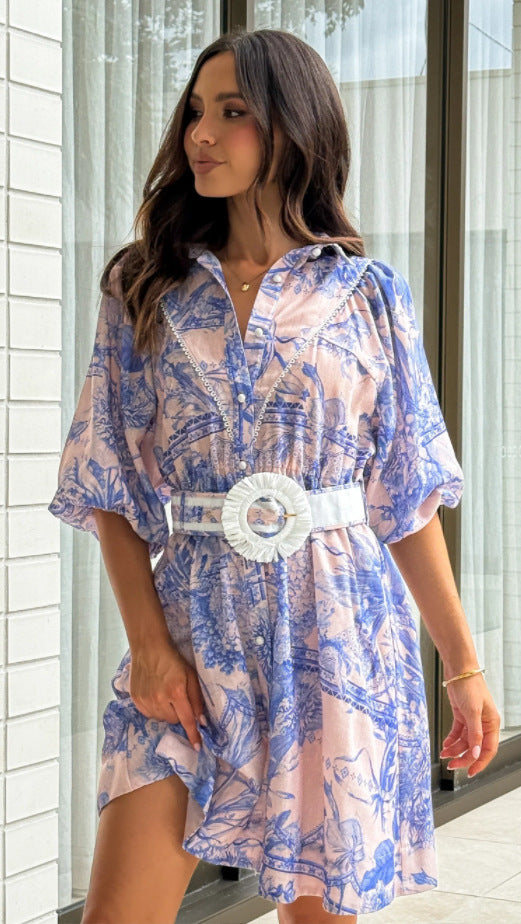 Stylish All-matching Linen Dress With A Chic Print And Lace Trim