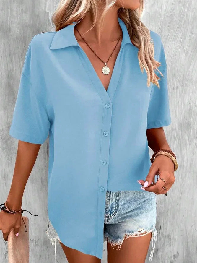 Temperament Pure Color V-neck Shirt Women's Top Short Sleeve