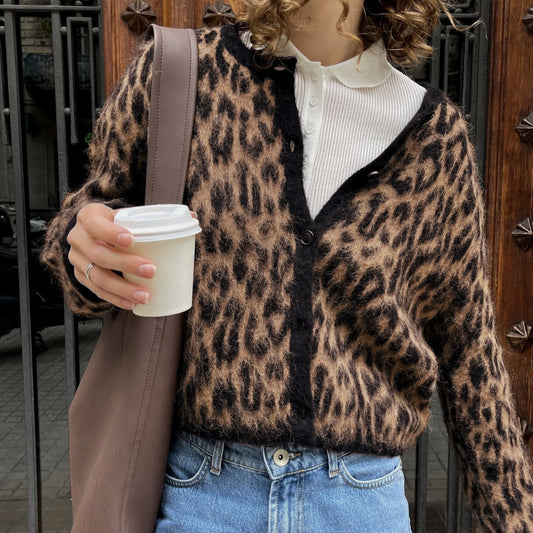 Women's Fashion Lazy Round Neck Leopard-print Sweater