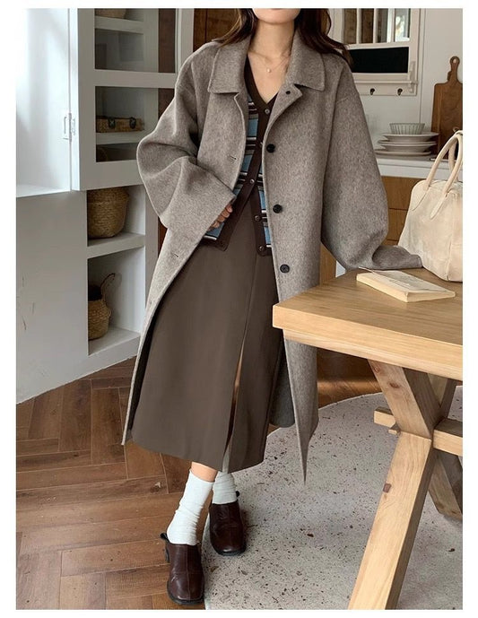 Solid-color, Sophisticated, Vintage-style Double-faced Cashmere Wool Coat With Added Thickness