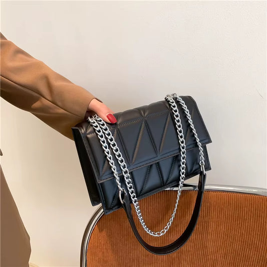 Solid Color Chain Strap Flap Shoulder Bag for Women, Embroidered Plaid Crossbody Handbag for Everyday Use