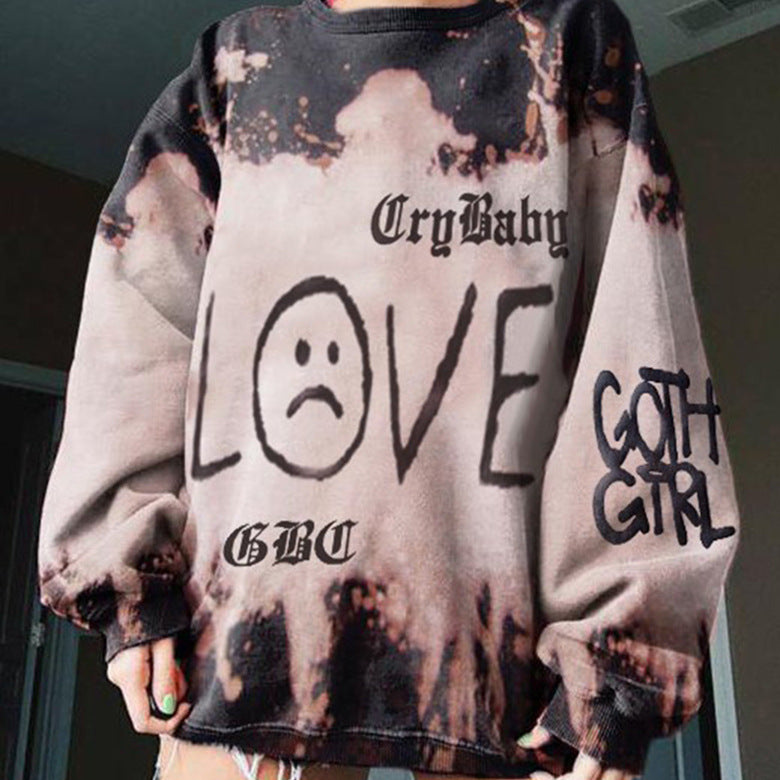 New Women's Tie Dye Letter Print Round Neck Loose Casual Sweater