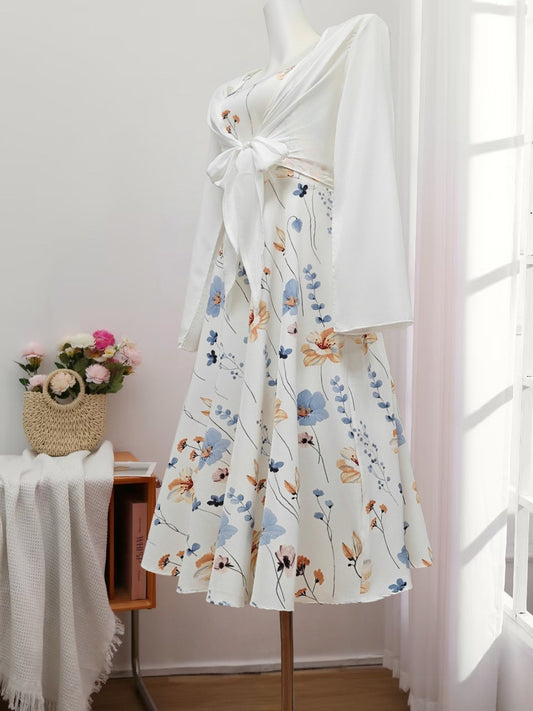Elegant Floral Spaghetti Strap Dress Slim White Floral Pure Print Set