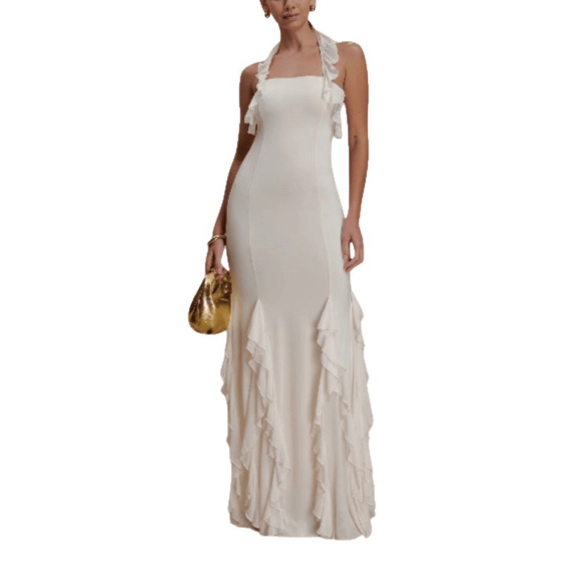 Fashionable Solid-Colored Halterneck Ruffled Sexy Backless Party Dress For Women
