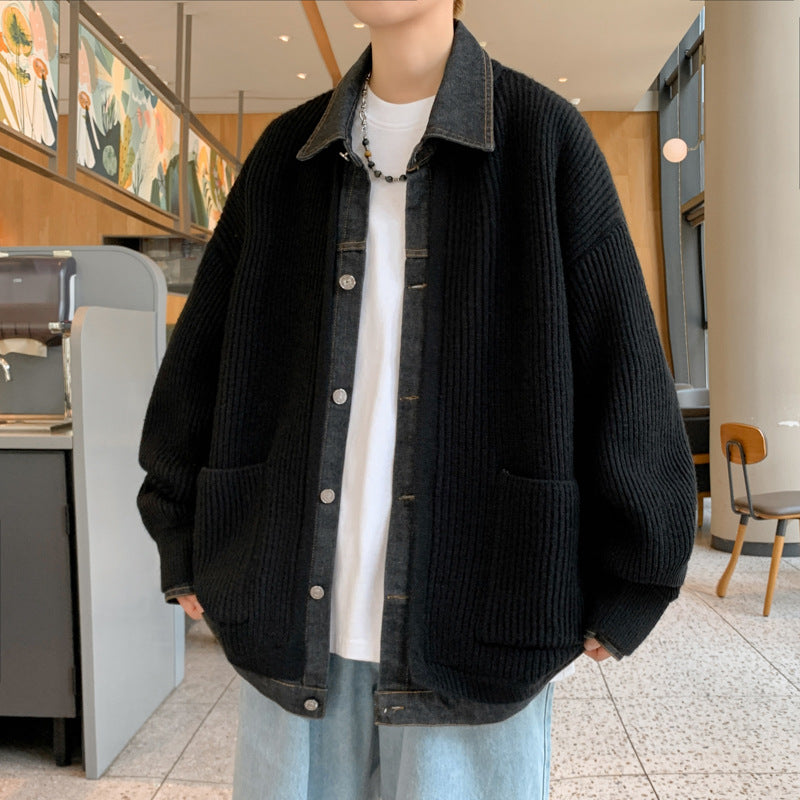 Mens Denim Patchwork Color-Block Knitted Cardigan Coat