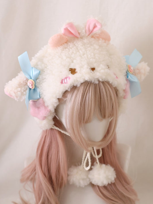 Cute Lamb Ears Earmuffs Hat Lambswool Bucket Hat