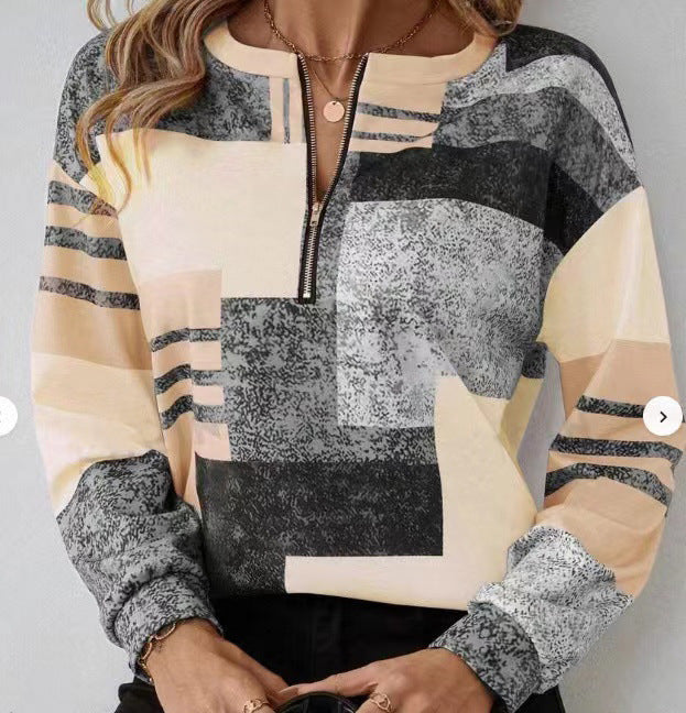 Round Neck Half Zipper Casual Style Polo Shirt Irregular Geometric Top