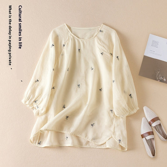 Cotton And Linen Thin Embroidery Loose Shirt