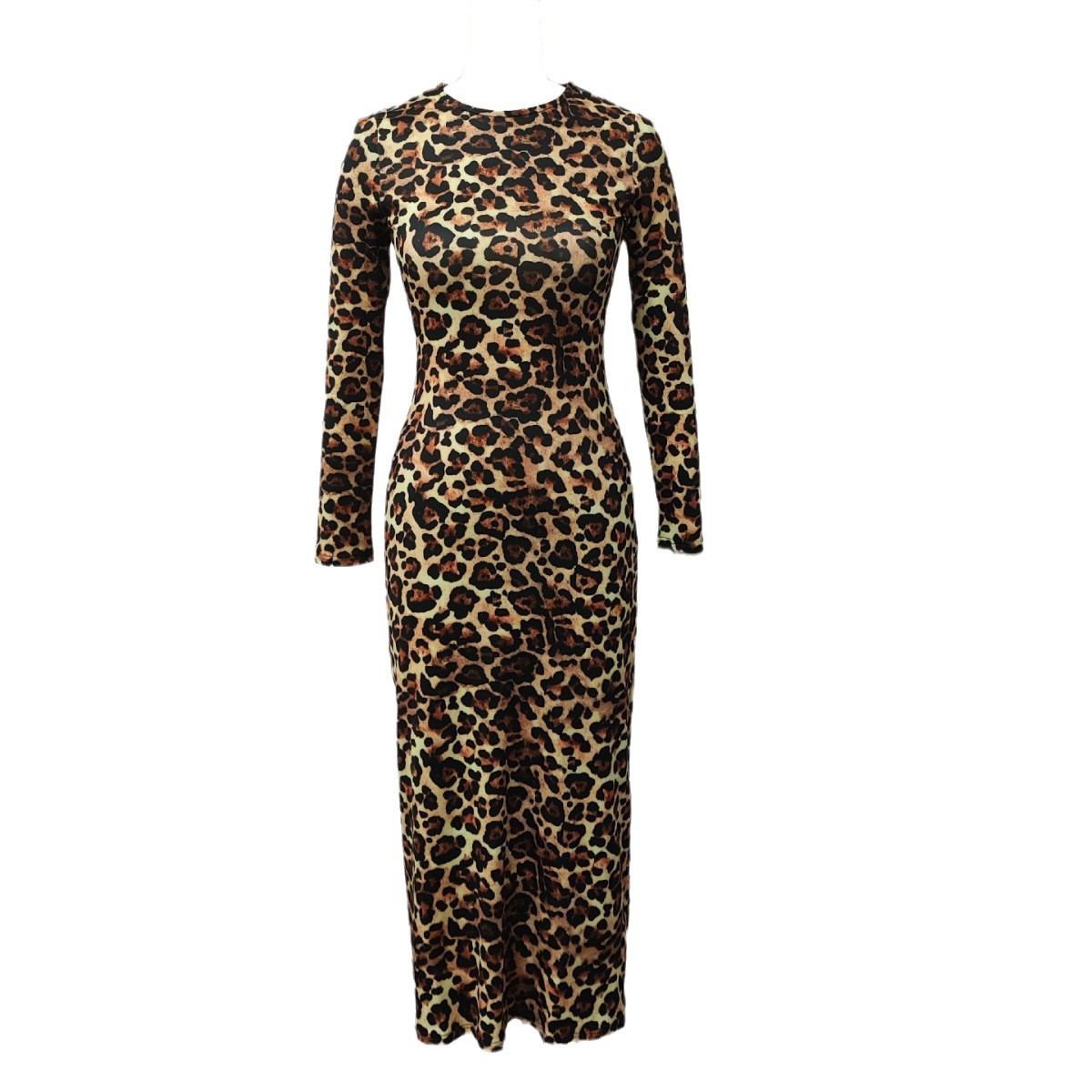 Sexet leopardprint-kjole med rund hals og lange ærmer