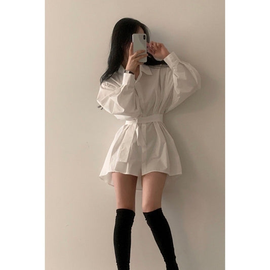Womens Minimalist Solid-color Loose-fitting Belted Shirt Dress