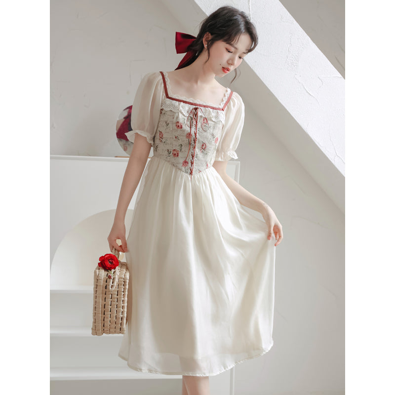 Gentle Milk Sweet Style Fragmented Flower Dress
