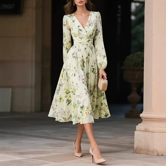 Elegant V-Neck Long-Sleeve Womens Dress With Print