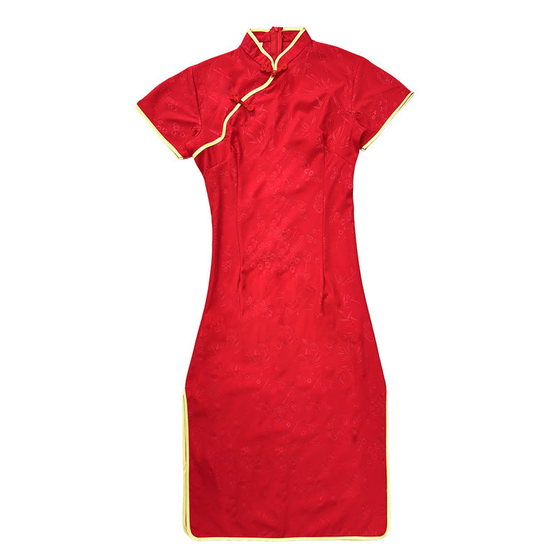 New Chinese-style Red Embossed Cheongsam Dress