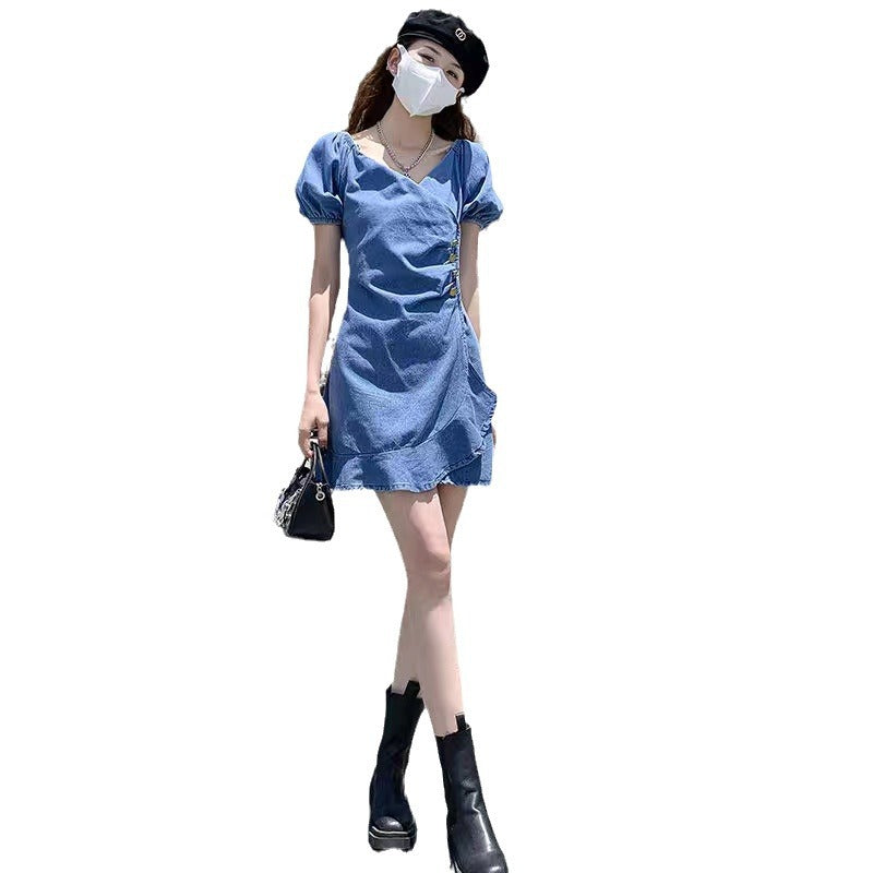 Womens Elegant French Ruffle Denim Dress