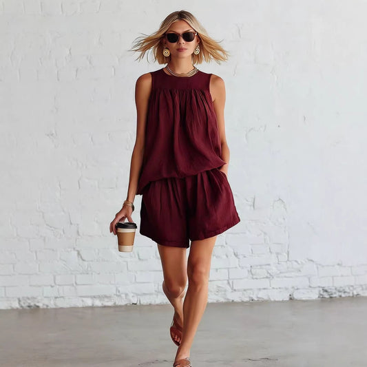 Womens Fashionable Retro Cotton-Linen Sleeveless Top And Wide-Leg Shorts Set