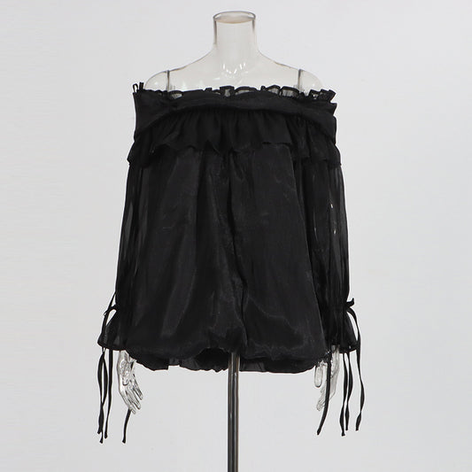 Retro Off-the-Shoulder Strap Bell-Sleeve Solid Color Chiffon Top
