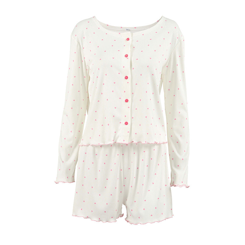 Womens Cozy Knitted Pajama Set With A Loving Heart Print Soft Comfortable Long-Sleeve Top And Shorts