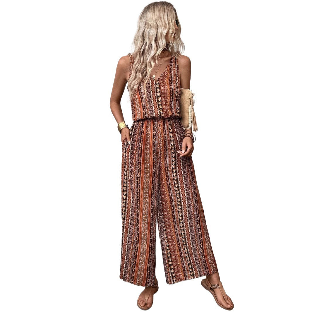 Casual Striped Printed Jumpsuit With Straps And Elastic Waist