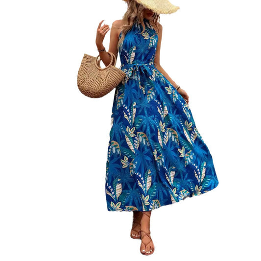 Fashionable Halterneck Defined-Waistline Bohemian Printed Dress