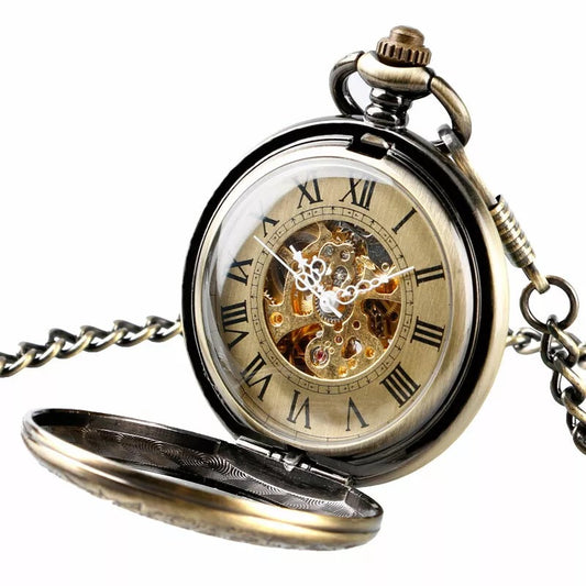 Flip-Open Retro Transparent-Lid Engraved Mechanical Pocket Watch