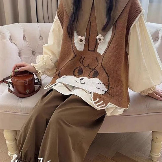 Autumn Doll Collar Shirt Brown Vest High Waist Wide Leg Pants
