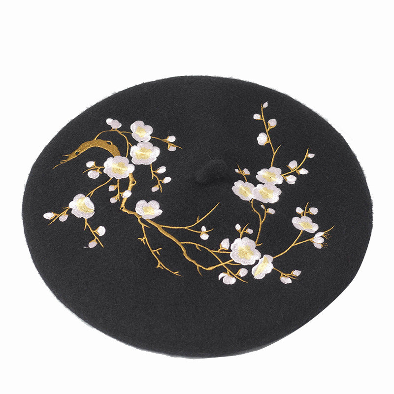 Plum Embroidery Wool Beret Painter