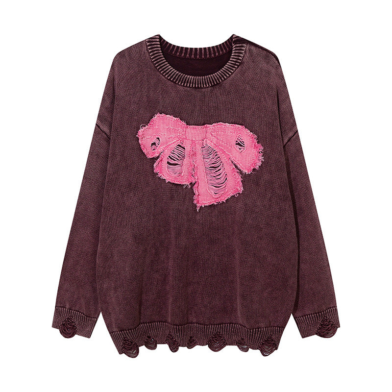 Contrast Color Paste Cloth Embroidery Bow Pullover