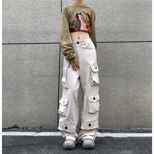 American Retro High Street Straight Tube Multi Pocket Overalls
