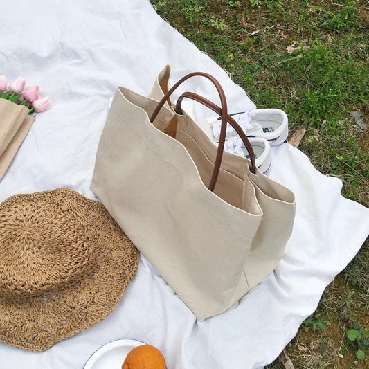 Large-capacity Storage Simple Canvas Bag Solid Color Handbag