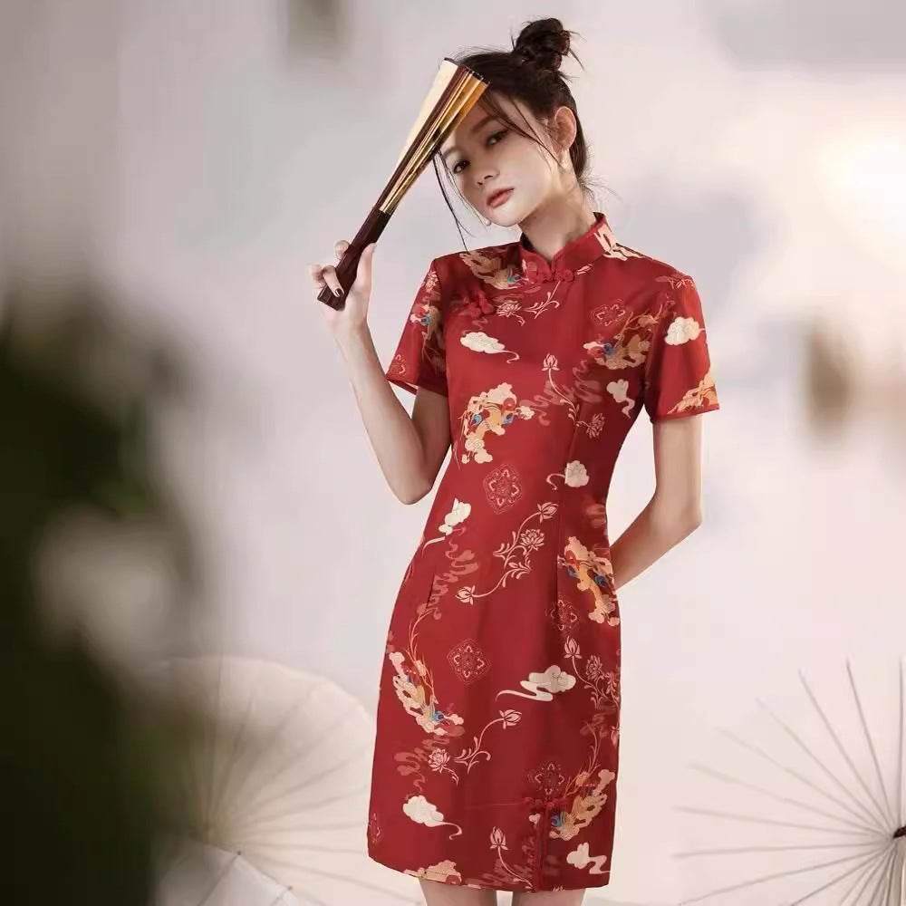 Womens Casual Retro Red Printed Dress