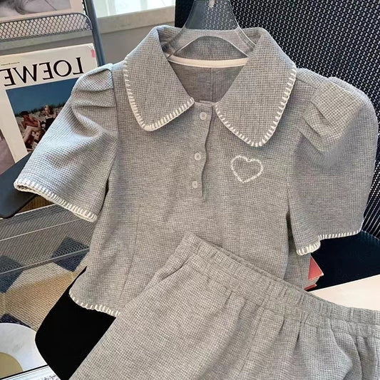 Short-sleeve Collared Sports Top And Shorts Two-piece Set